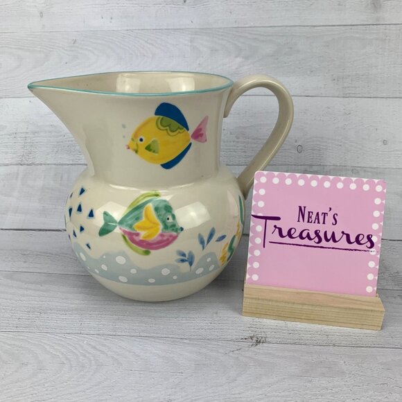 Studio Nova BARRIER REEF Y2310 Two Fish Aqua Trim Stoneware 60 oz 7" Pitcher - Picture 2 of 9